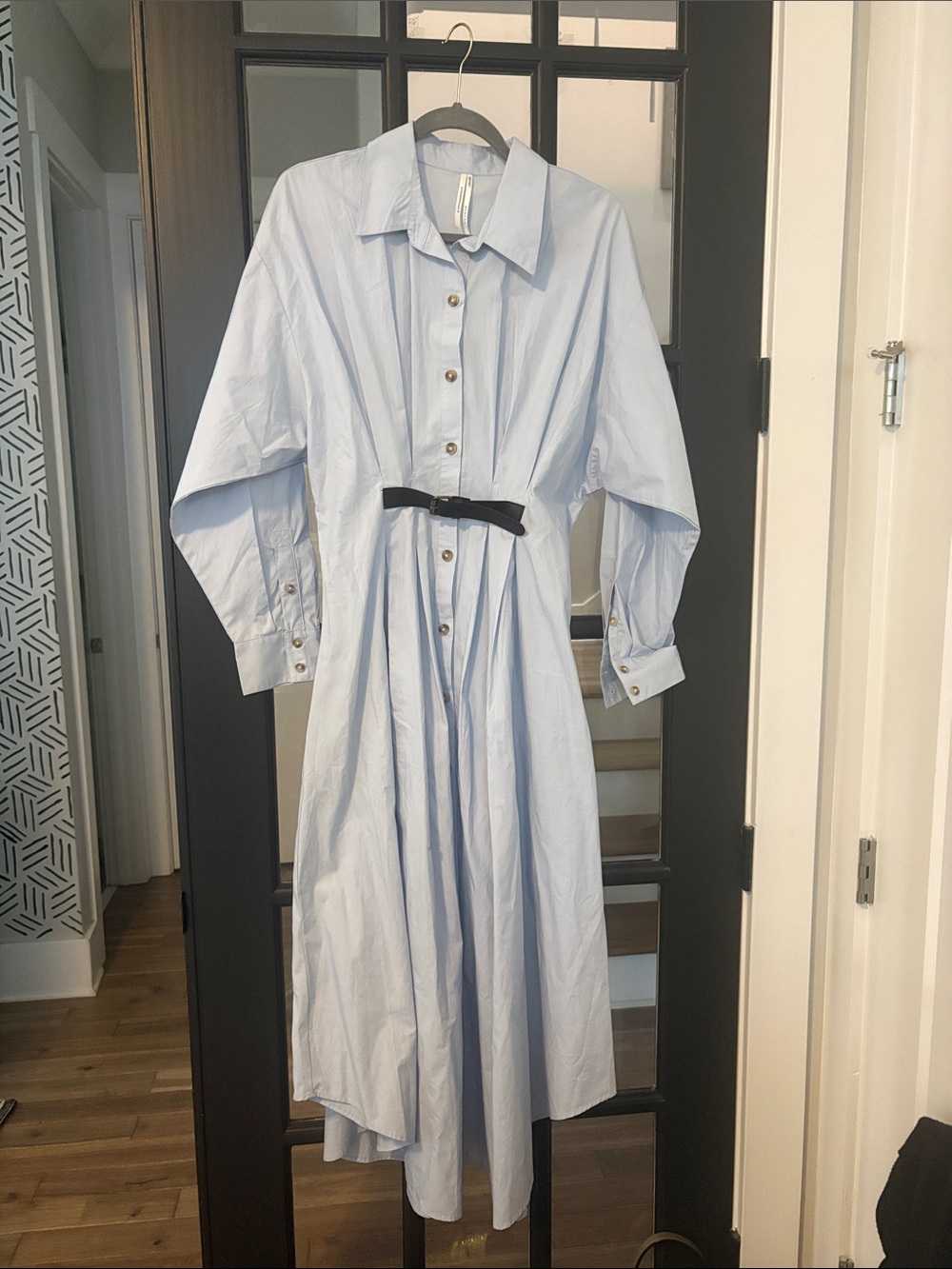 Light Blue Maxi Shirt Dress with Black Belt